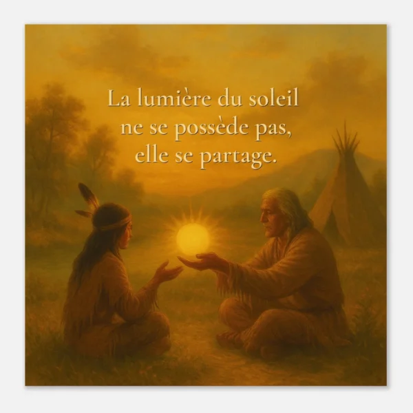 Affiche qualité muséale « La lumière du soleil ne se possède pas, elle se partage » – illustration spirituelle amérindienne, scène de transmission lumineuse et ambiance chaleureuse apaisante