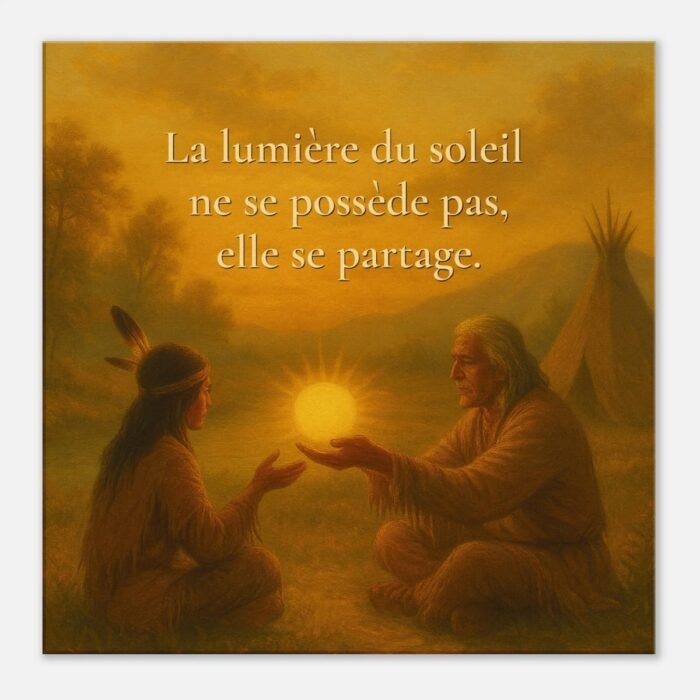 Déco coucher de soleil spirituelle avec transmission de lumière entre deux personnes, citation « La lumière du soleil ne se possède pas, elle se partage », ambiance chaleureuse et apaisante