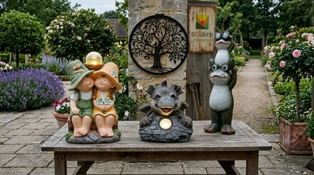 "Mise en situation de décorations solaires de jardin Solaire Universel avec statues lumineuses couple enfants, petit dragon et grenouilles sur une table en bois"
