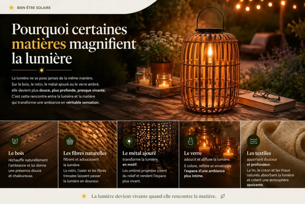Lanterne solaire en rotin diffusant une lumière chaude sur une terrasse extérieure avec jeux d’ombre et ambiance naturelle apaisante