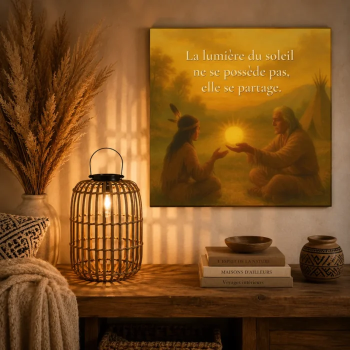 déco murale toile inspiration amérindienne « La lumière du soleil ne se possède pas, elle se partage » avec lanterne lumineuse ambiance chaleureuse et naturelle