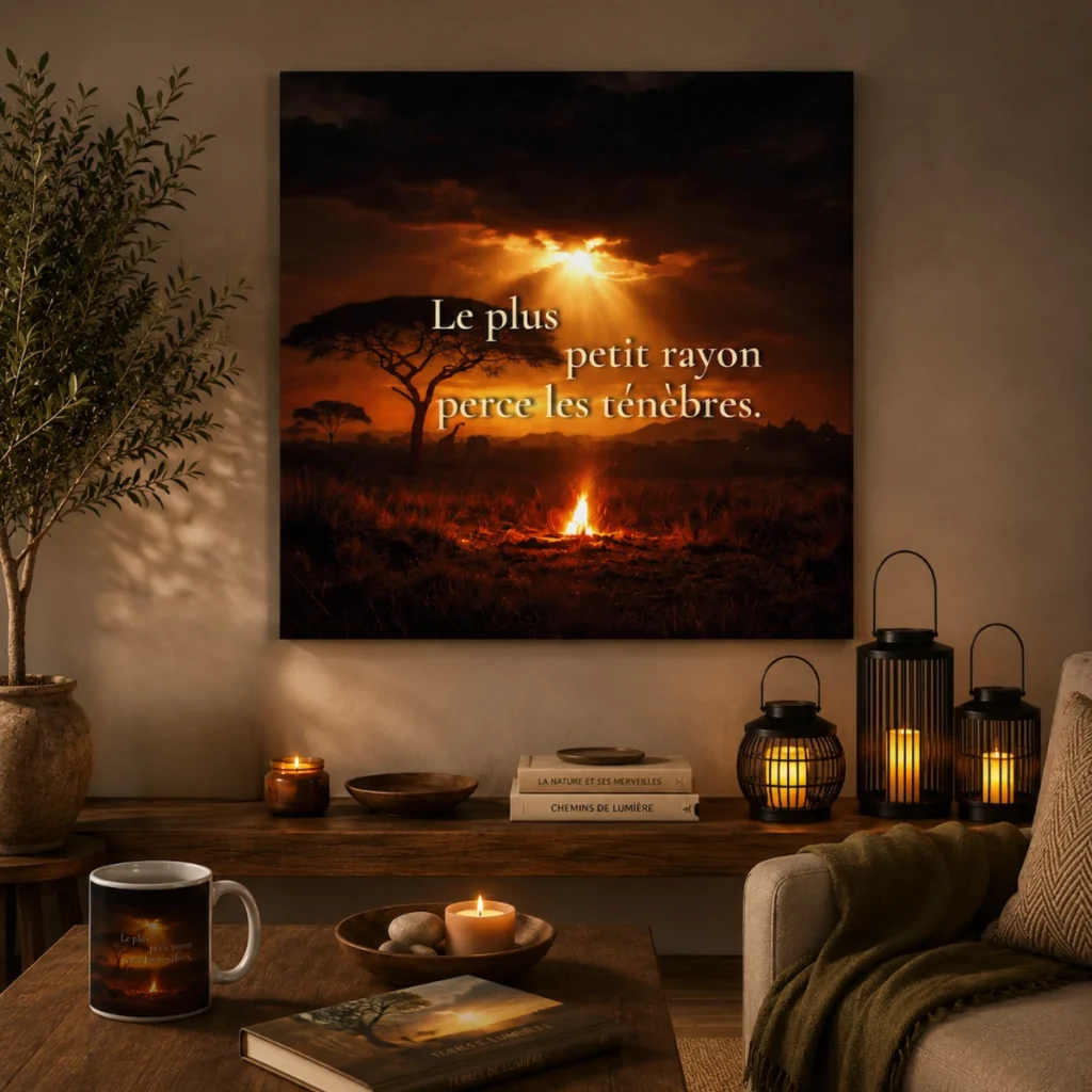 Décoration murale chaleureuse avec toile coucher de soleil « Le plus petit rayon perce les ténèbres », lanternes lumineuses, mug assorti et ambiance bohème apaisante signée Solaire Universel.