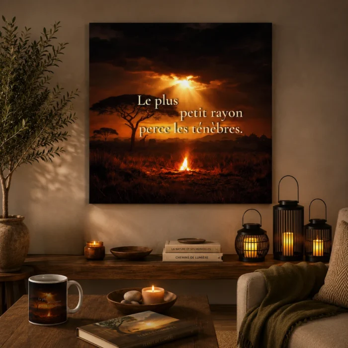 Décoration murale chaleureuse avec toile coucher de soleil « Le plus petit rayon perce les ténèbres », lanternes lumineuses, mug assorti et ambiance bohème apaisante signée Solaire Universel.