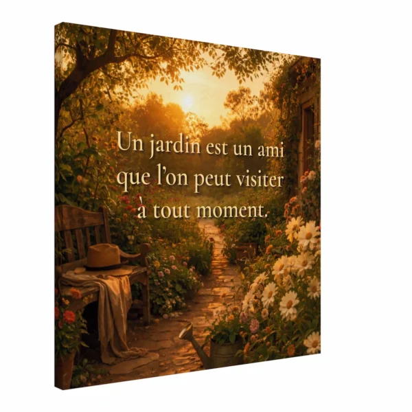 "Toile murale représentant un jardin fleuri au coucher du soleil avec banc et arrosoir — citation « Un jardin est un ami que l’on peut visiter à tout moment »