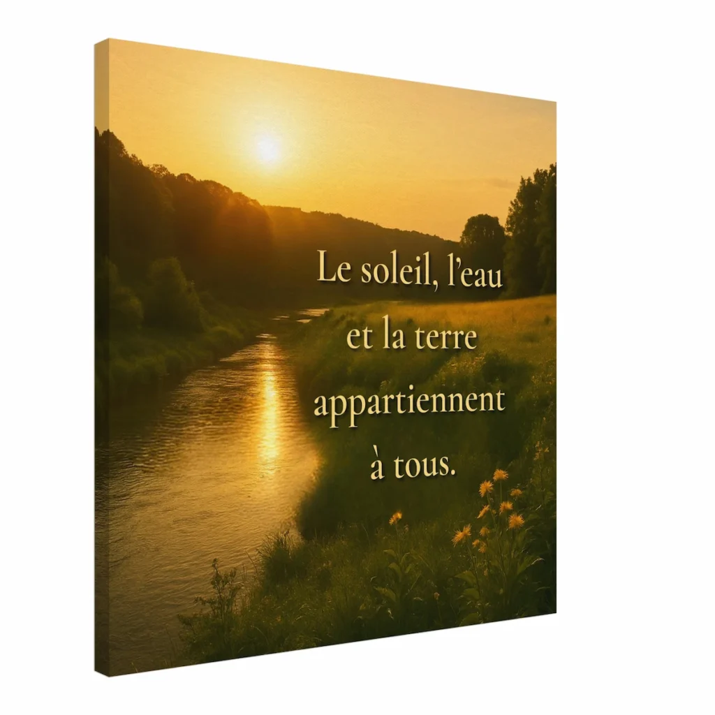 Toile murale coucher de soleil « Le soleil, l’eau et la terre appartiennent à tous » – décoration nature lumineuse, rivière dorée et paysage apaisant