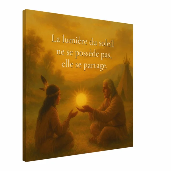 Toile murale ambiance spirituelle et lumineuse avec scène de partage de lumière au coucher de soleil et citation « La lumière du soleil ne se possède pas, elle se partage »