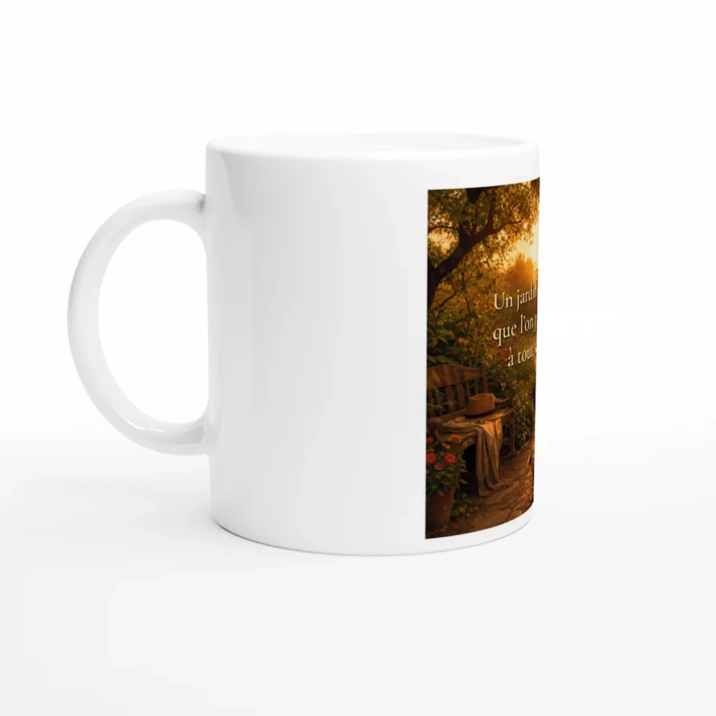"Mug blanc design jardin poétique avec chemin fleuri et lumière dorée citation bien-être maison Solaire Universel"