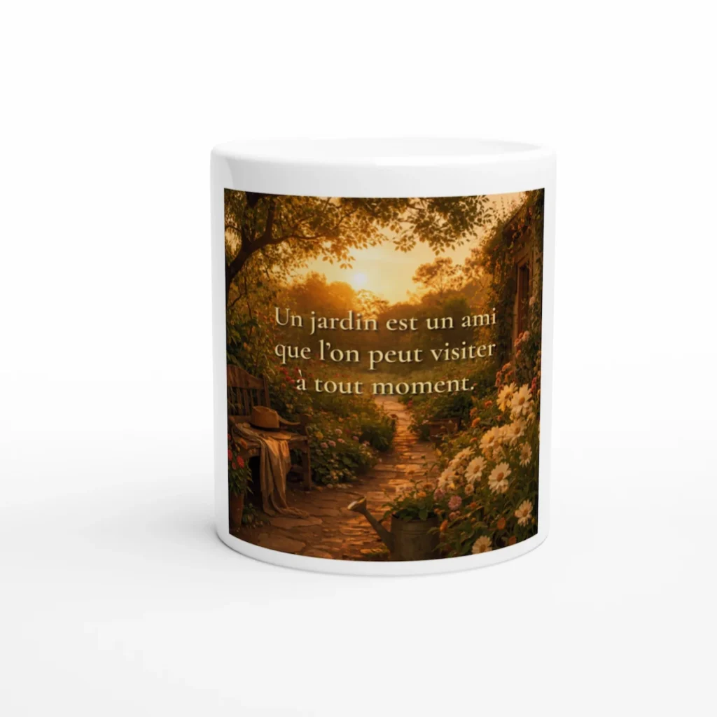 "Mug citation jardin lumineux « Un jardin est un ami que l’on peut visiter à tout moment » — tasse décoration nature chaleureuse Solaire Universel"