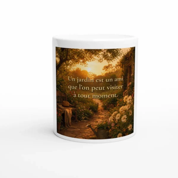 "Mug citation jardin lumineux « Un jardin est un ami que l’on peut visiter à tout moment » — tasse décoration nature chaleureuse Solaire Universel"