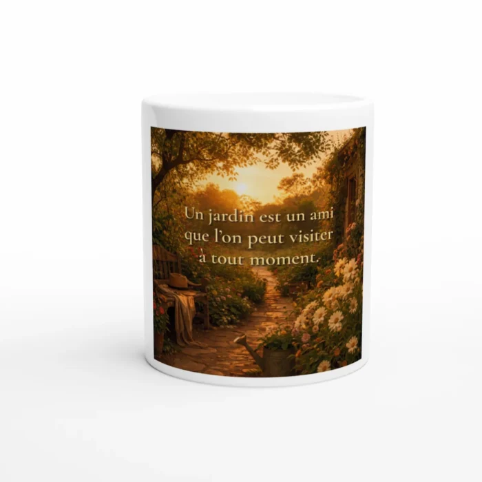 "Mug citation jardin lumineux « Un jardin est un ami que l’on peut visiter à tout moment » — tasse décoration nature chaleureuse Solaire Universel"