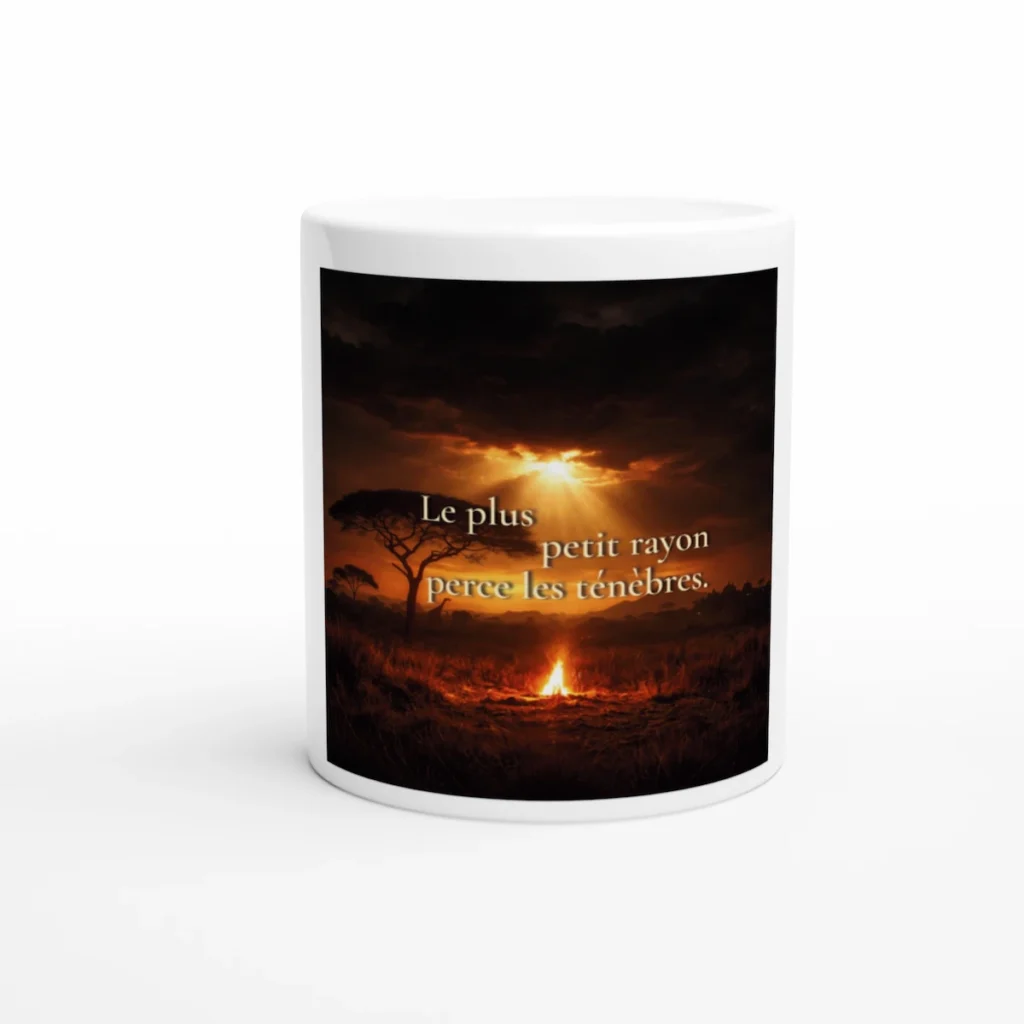 Mug citation inspirante « Le plus petit rayon perce les ténèbres » – tasse bien-être lumière intérieure, paysage africain coucher de soleil