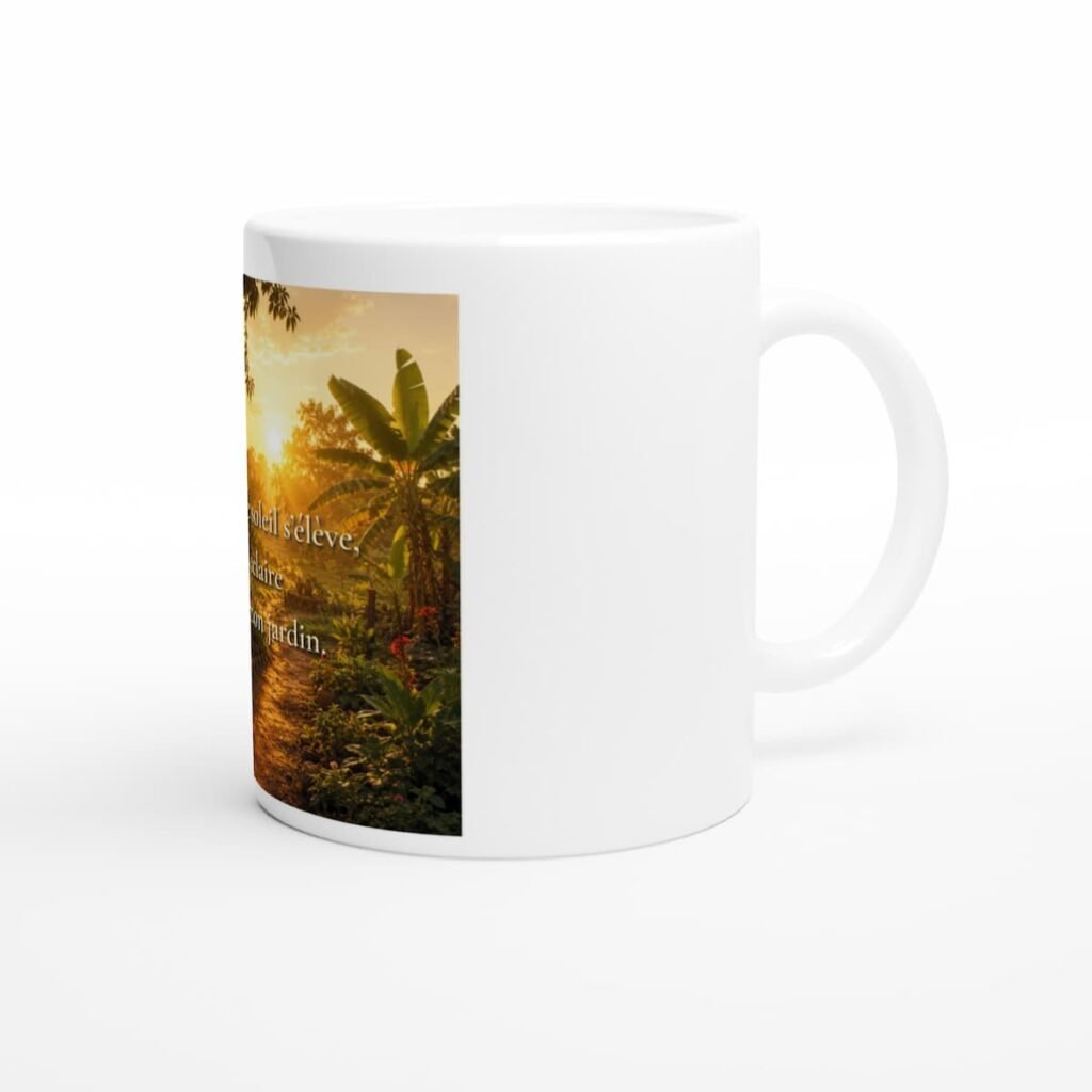 "Mug blanc décoratif citation inspirante soleil levant jardin lumineux tasse bien-être décoration apaisante"