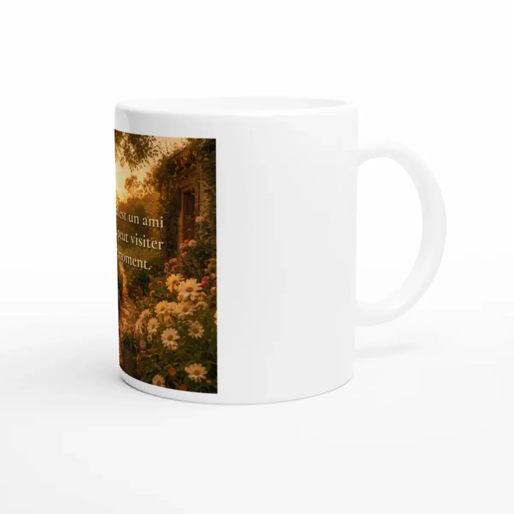 "Mug décoratif ambiance jardin fleuri coucher de soleil avec citation inspirante nature apaisante Solaire Universel"