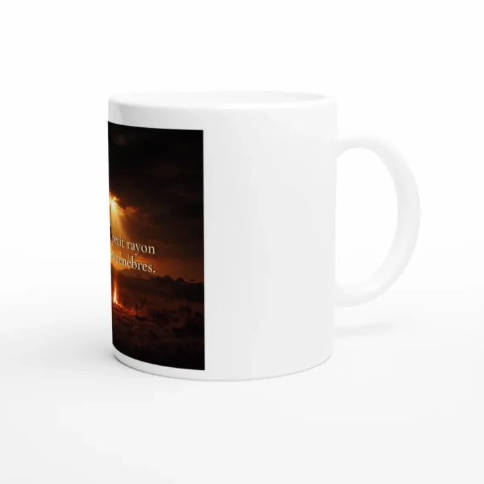 Mug décoratif citation africaine lumière – tasse blanche avec paysage coucher de soleil et message inspirant bien-être quotidien