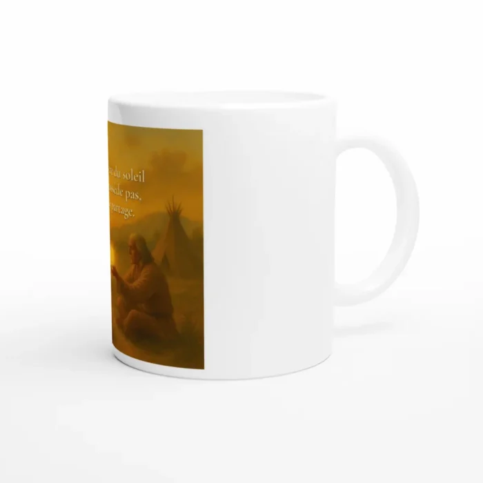 Vue latérale mug blanc avec impression citation amérindienne lumière du soleil design artistique naturel