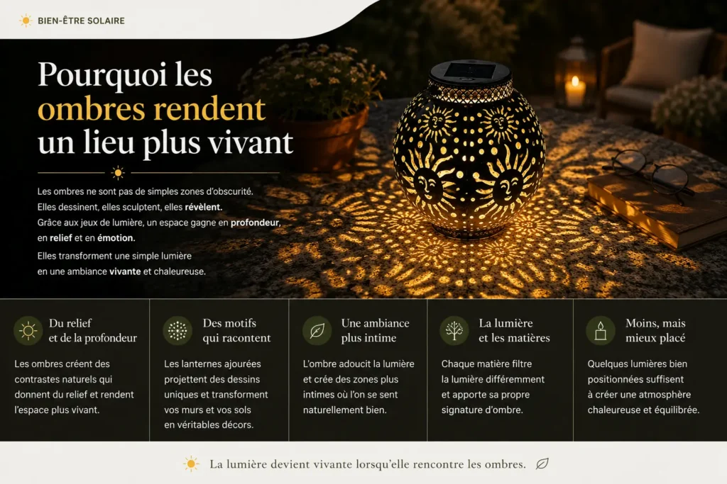 Ombres lumineuses projetées par une lanterne solaire décorative créant une ambiance chaleureuse et vivante en extérieur