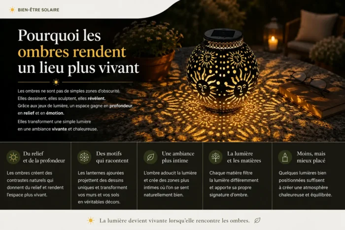 Ombres lumineuses projetées par une lanterne solaire décorative créant une ambiance chaleureuse et vivante en extérieur