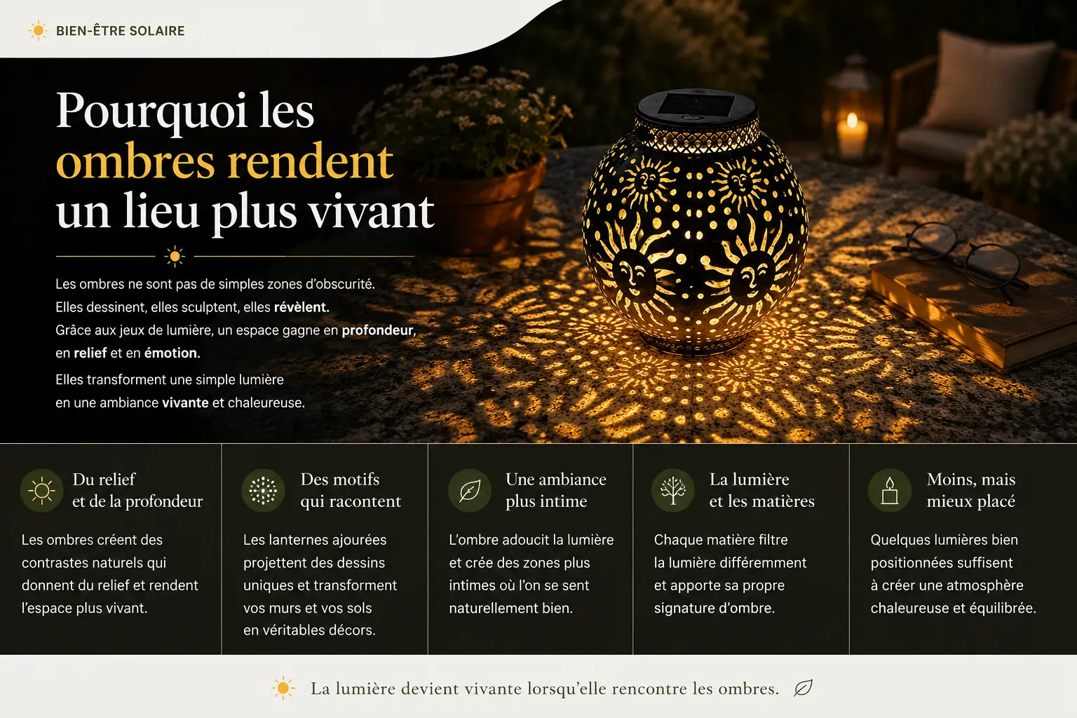 Ombres lumineuses projetées par une lanterne solaire décorative créant une ambiance chaleureuse et vivante en extérieur