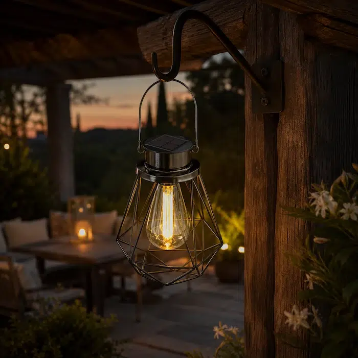 Lanterne solaire design suspendue sous une pergola au crépuscule, créant une atmosphère chaleureuse et raffinée pour les soirées en extérieur.