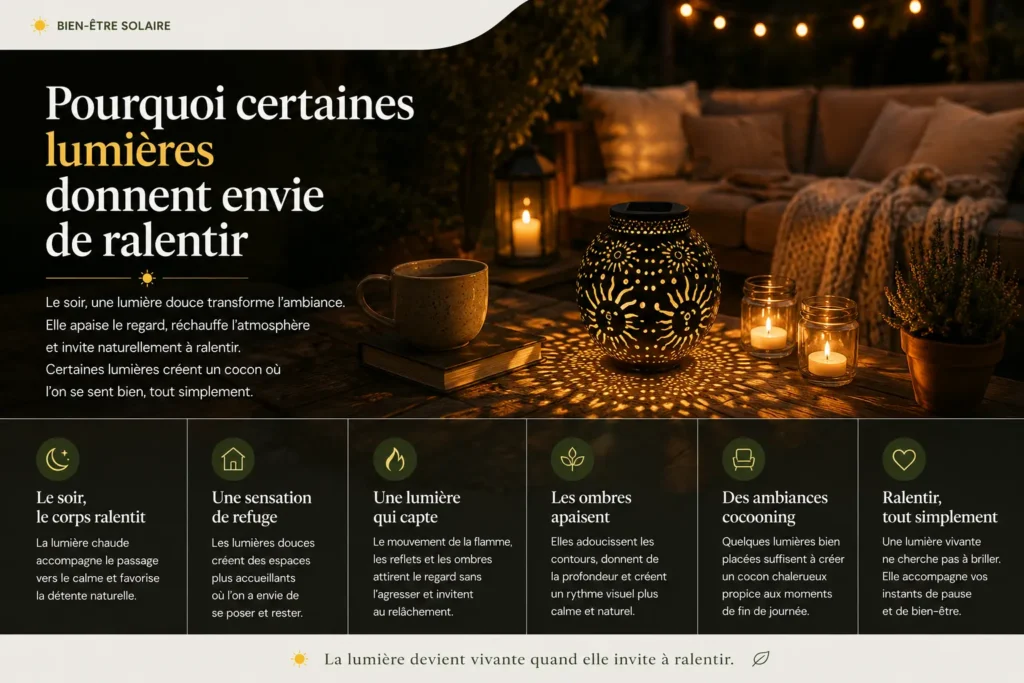 Lumière douce et chaleureuse sur terrasse en soirée créant une ambiance cocooning propice au ralentissement et au bien-être
