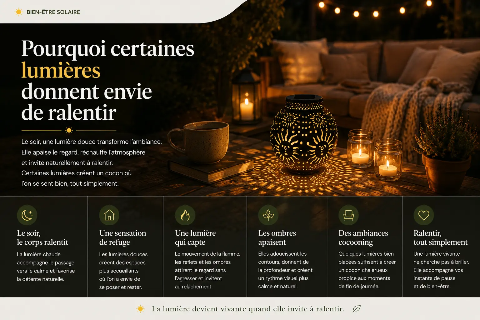Lumière douce et chaleureuse sur terrasse en soirée créant une ambiance cocooning propice au ralentissement et au bien-être
