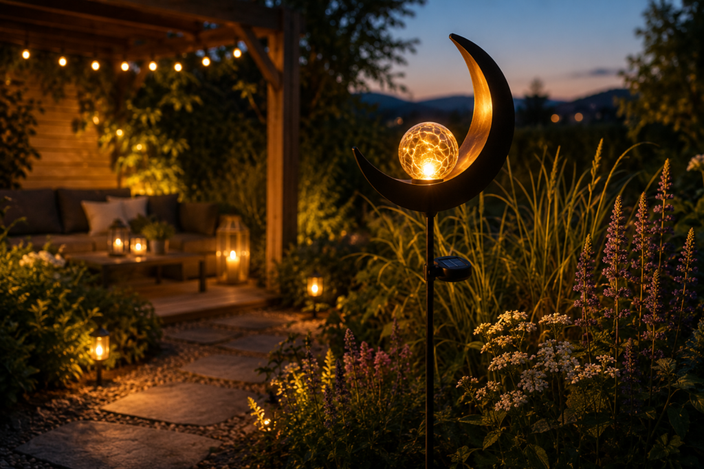 Lampe solaire lune décorative avec boule lumineuse effet verre craquelé installée dans un massif fleuri le long d’une allée de jardin éclairée