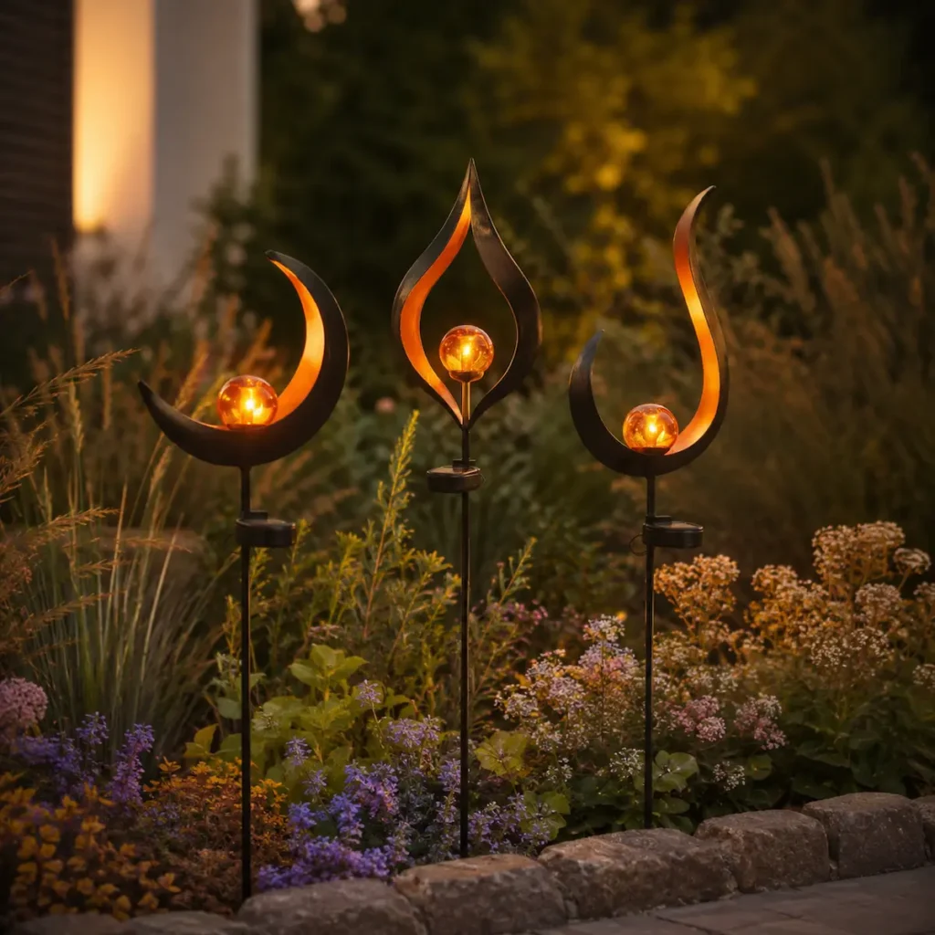Trio de lampes solaires décoratives Lune, Arabesque et Flamme installées dans un massif fleuri au crépuscule, lumière chaude et ambiance élégante autour d'un jardin paysager.