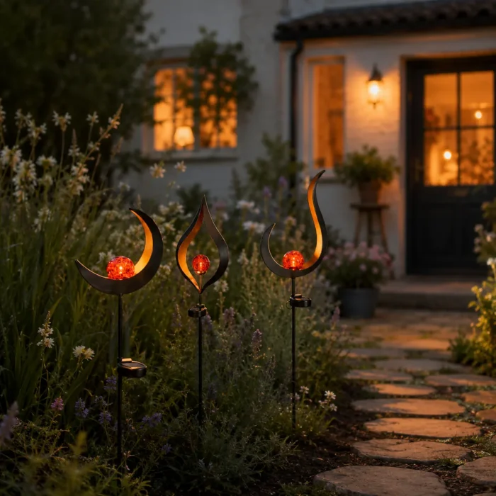 Ensemble de trois lampes solaires décoratives à boule lumineuse bordant une allée de jardin fleurie devant une maison, éclairage chaleureux et atmosphère accueillante en soirée.