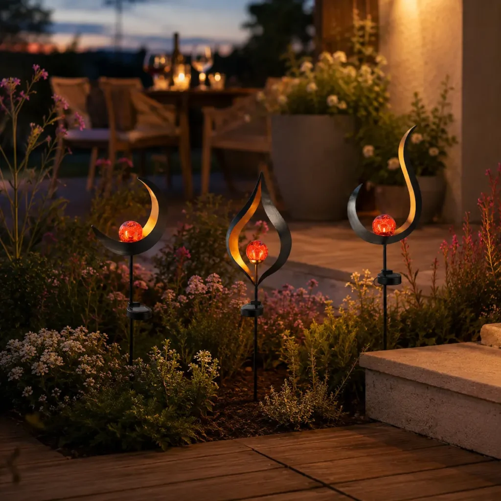 Trio de lampes solaires design Flamme, Arabesque et Lune illuminant un massif de fleurs près d'une terrasse, ambiance douce et décorative pour les soirées d'extérie