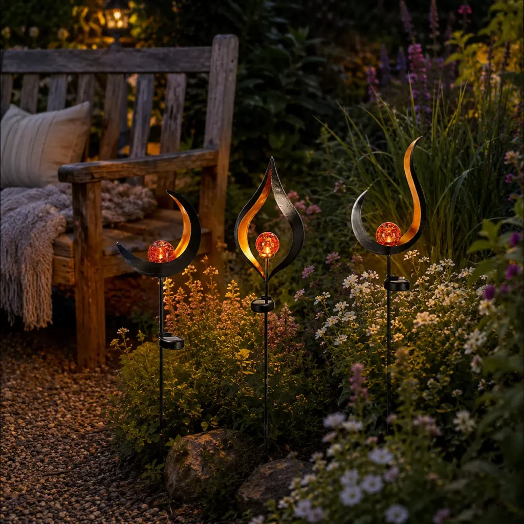 Trois lampes solaires décoratives en métal noir avec boule de verre craquelé éclairant un jardin fleuri près d'un banc en bois, ambiance romantique et chaleureuse à la tombée de la nuit.