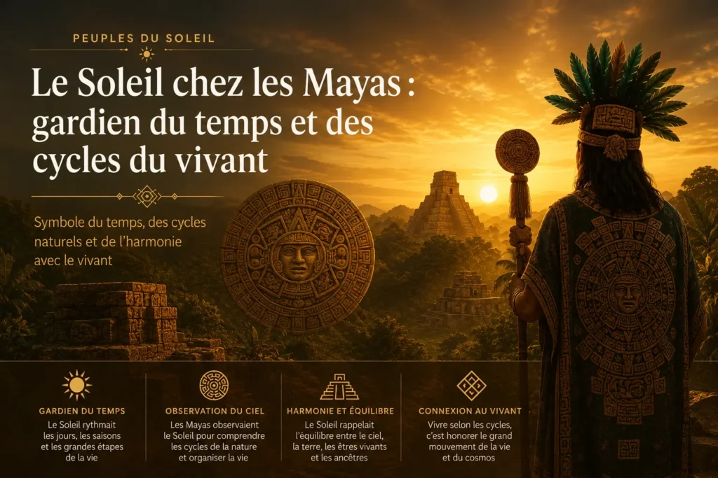 Temple maya baigné par la lumière du soleil levant symbolisant les cycles naturels, le temps et l'harmonie avec le vivant.