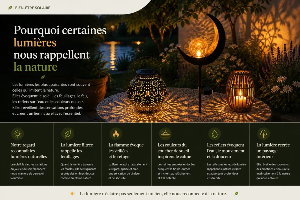 Ambiance lumineuse naturelle avec lanternes solaires, jeux d’ombre et reflets évoquant la nature au crépuscule