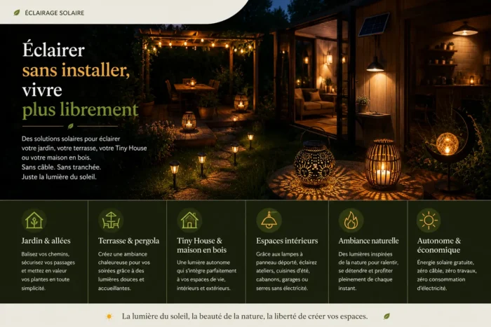 Illustration d'un jardin, d'une terrasse et d'une Tiny House éclairés par des lampes solaires sans installation électrique, créant une ambiance chaleureuse et naturelle.