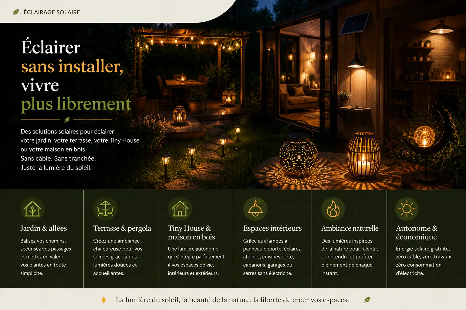Illustration d'un jardin, d'une terrasse et d'une Tiny House éclairés par des lampes solaires sans installation électrique, créant une ambiance chaleureuse et naturelle.