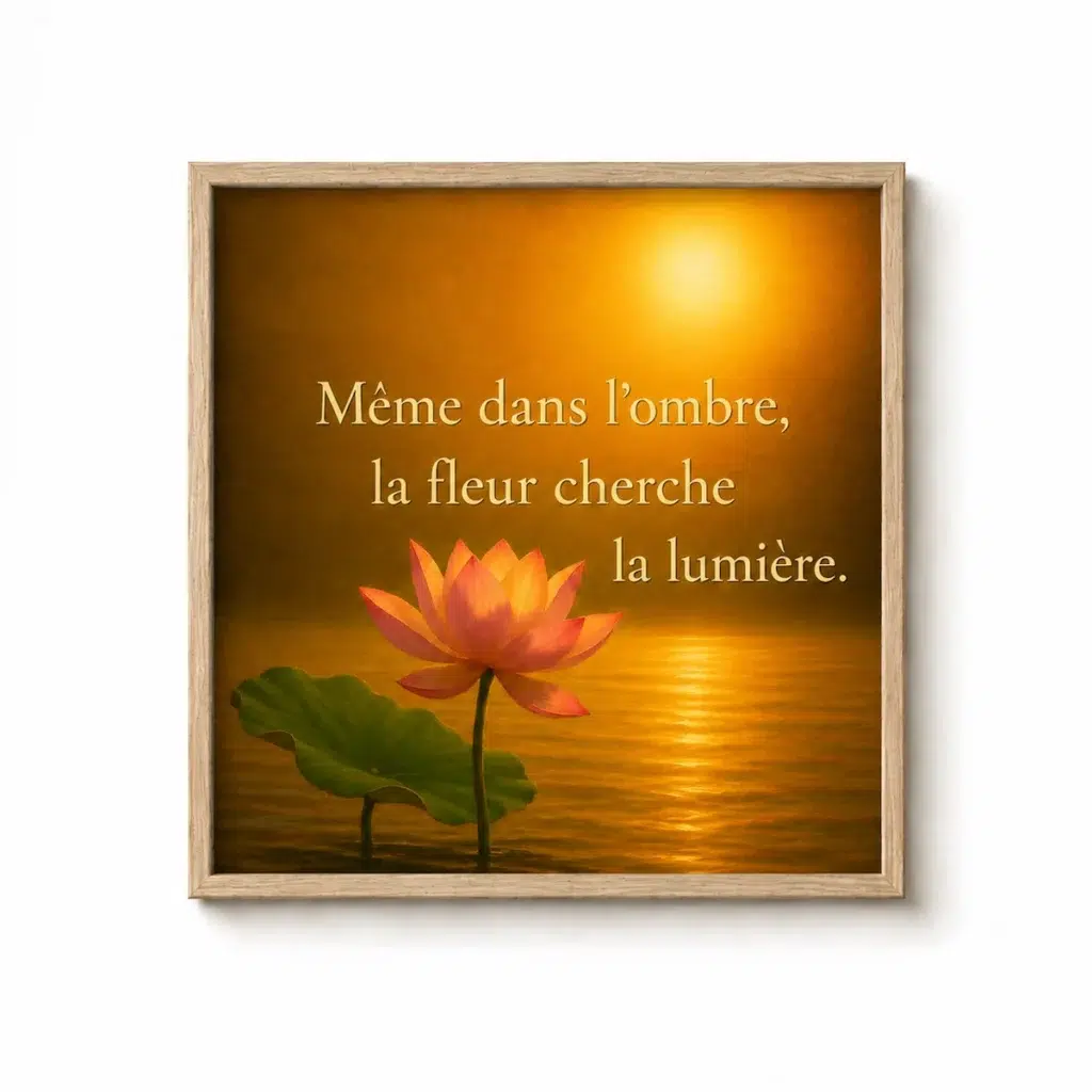 Affiche encadrée en bois naturel avec proverbe chinois « Même dans l'ombre, la fleur cherche la lumière » – décoration murale zen et spirituelle