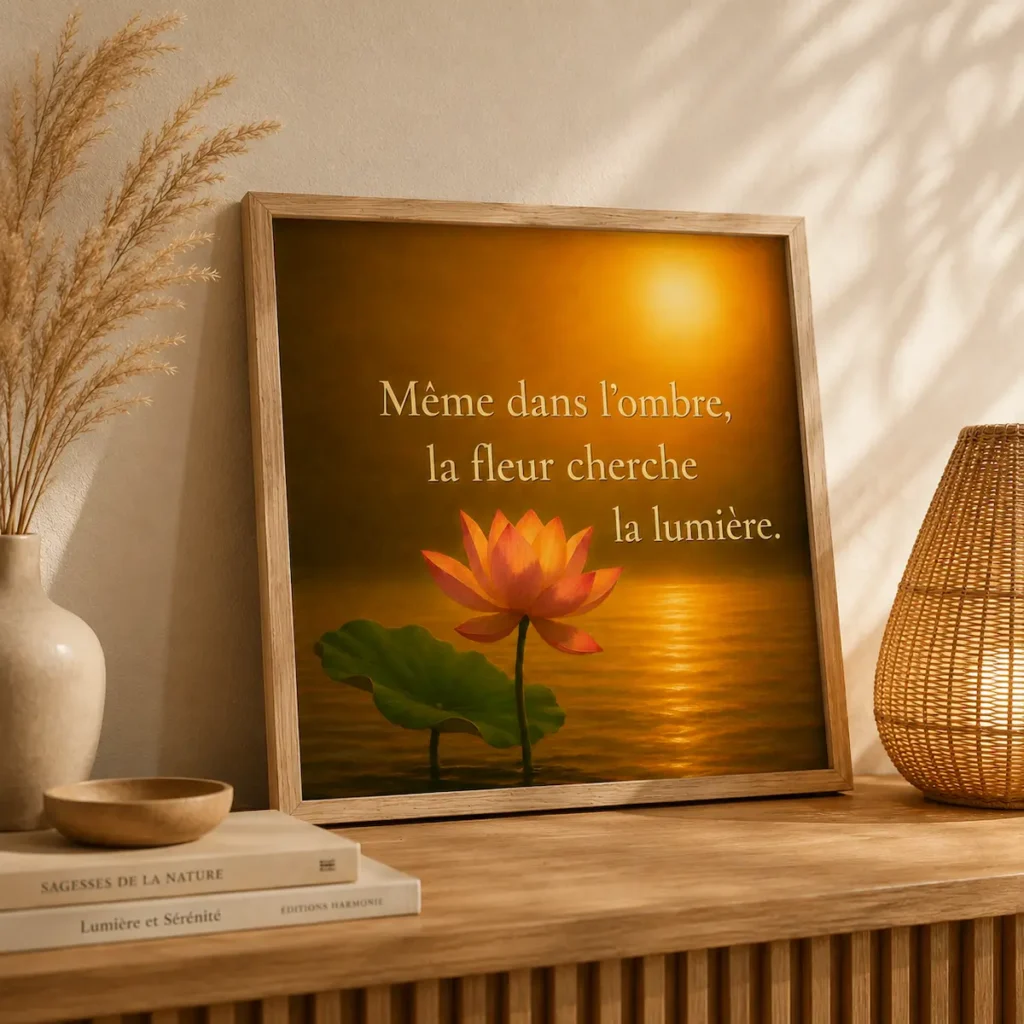 Affiche encadrée en bois naturel avec fleur de lotus et proverbe chinois dans une décoration intérieure chaleureuse et apaisante