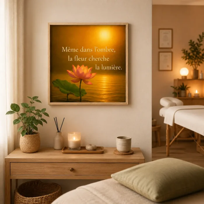 Affiche encadrée en bois naturel « Même dans l'ombre, la fleur cherche la lumière » dans un cabinet de bien-être, de méditation ou de sophrologie