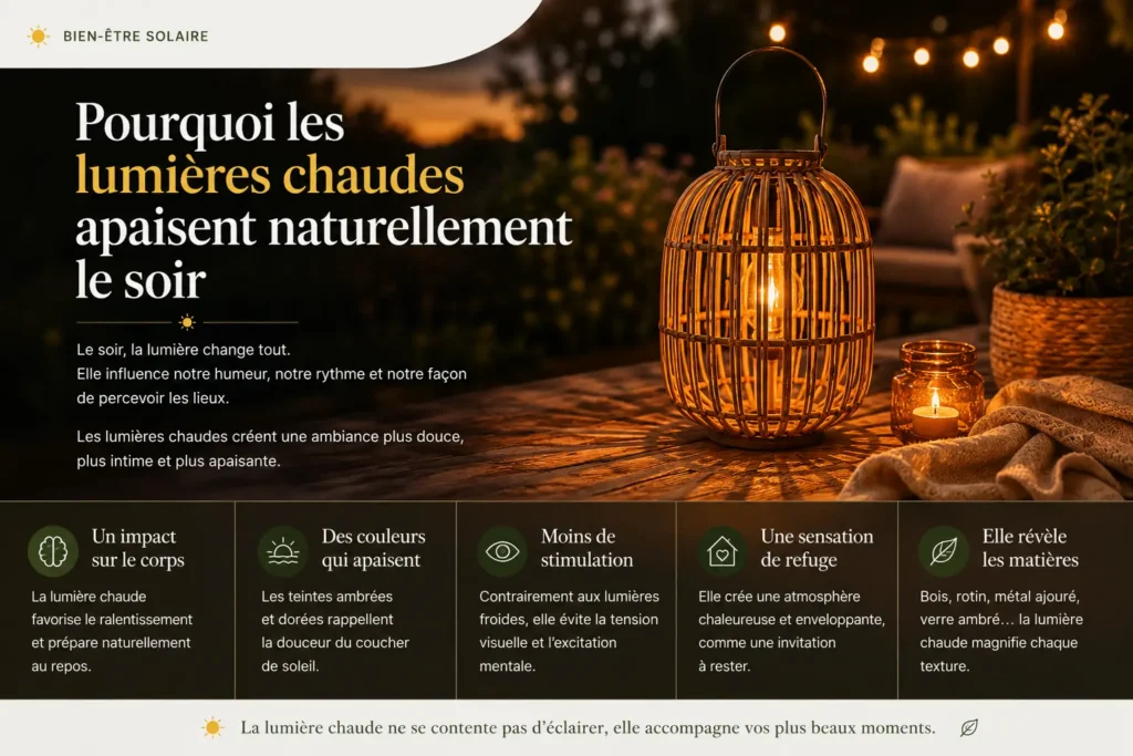 Pourquoi les lumières chaudes apaisent naturellement le soir – lanterne solaire en rotin créant une ambiance douce et réconfortante sur une terrasse extérieure