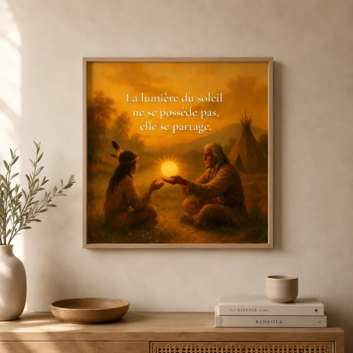 "Affiche encadrée « La lumière du soleil ne se possède pas, elle se partage » mise en scène dans un intérieur chaleureux et épuré, avec meuble en bois clair et décoration naturelle."