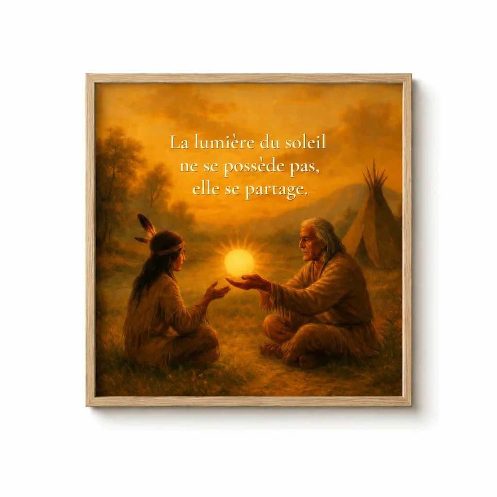"Cadre mural représentant une scène de transmission lumineuse entre un ancien et une jeune fille, avec le message « La lumière du soleil ne se possède pas, elle se partage »."