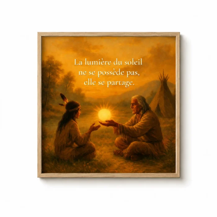 "Cadre mural représentant une scène de transmission lumineuse entre un ancien et une jeune fille, avec le message « La lumière du soleil ne se possède pas, elle se partage »."