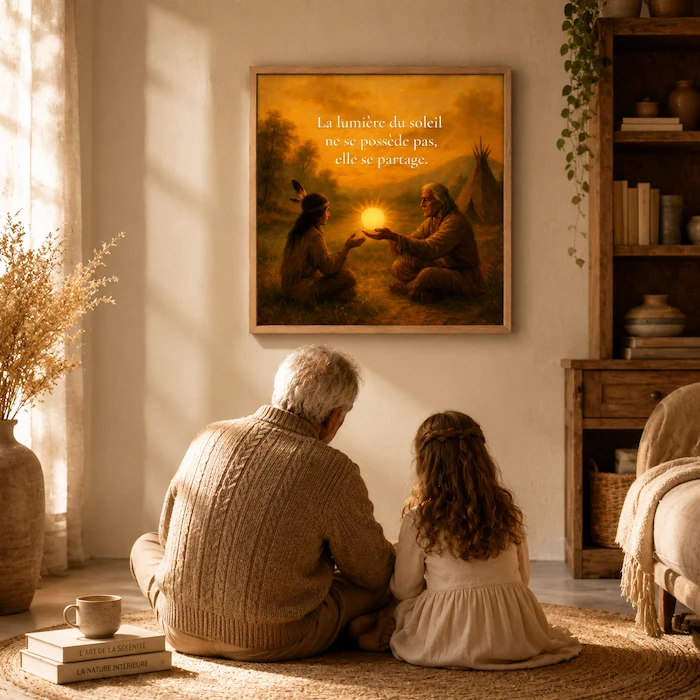 "Grand-père et petite-fille de dos assis face à un cadre mural lumineux, dans une scène de transmission chaleureuse et apaisante sans visages visibles."