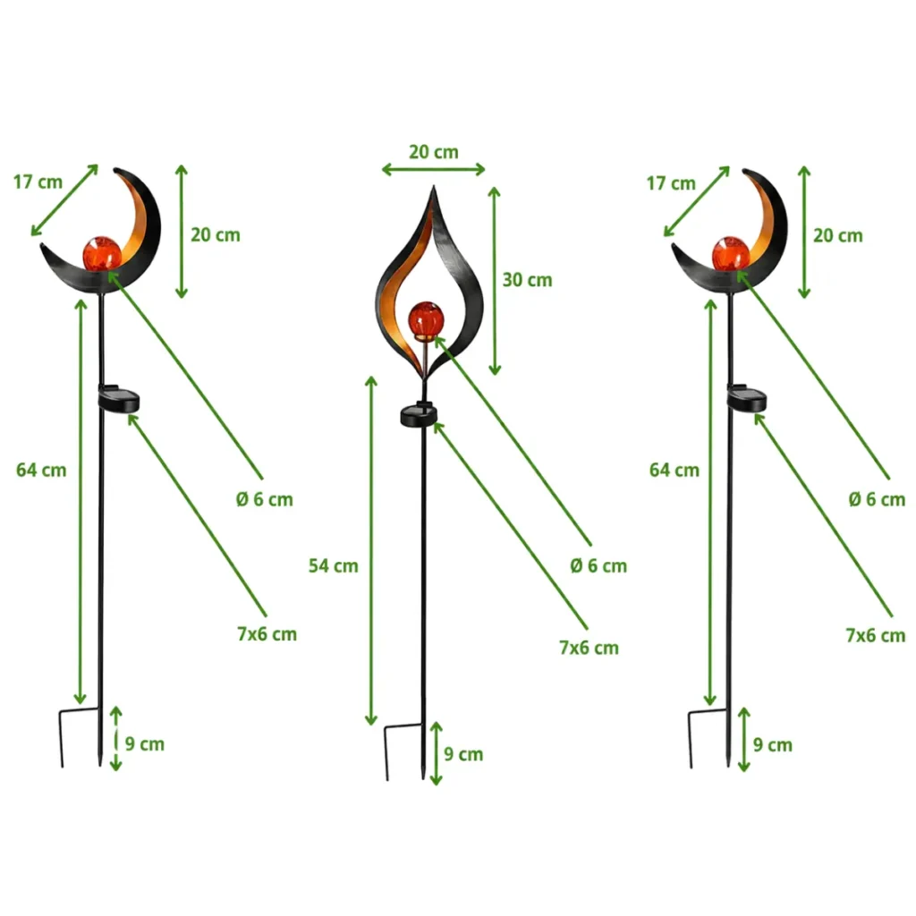 Dimensions du trio de lampes solaires décoratives Flamme, Arabesque et Lune avec boule de verre craquelé lumineuse, hauteurs comprises entre 63 et 73 cm, schéma technique détaillé pour décoration de jardin.