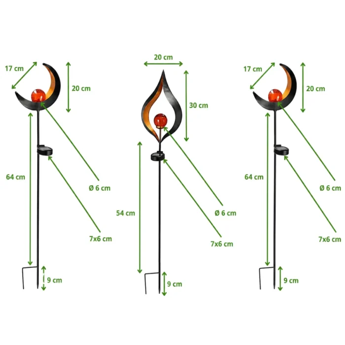 Dimensions du trio de lampes solaires décoratives Flamme, Arabesque et Lune avec boule de verre craquelé lumineuse, hauteurs comprises entre 63 et 73 cm, schéma technique détaillé pour décoration de jardin.