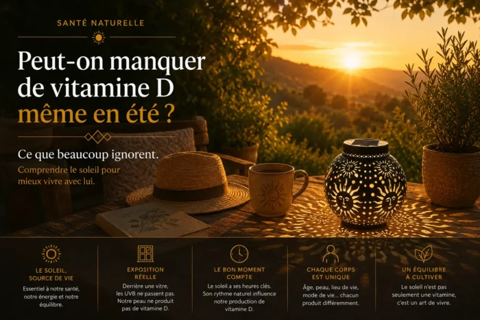 Illustration d'une terrasse baignée par le soleil avec une lanterne solaire décorative, évoquant l'exposition naturelle au soleil et la vitamine D en été.
