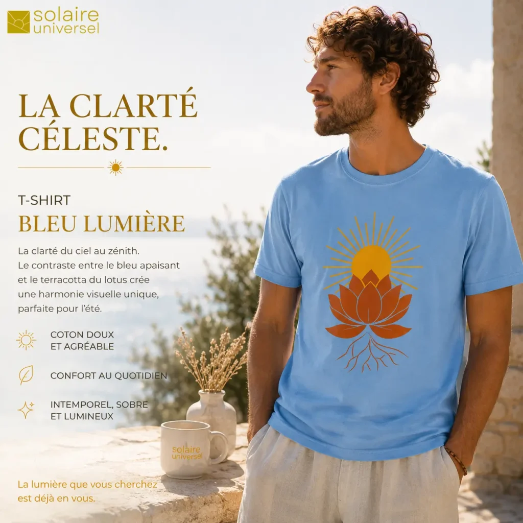 Homme portant le t-shirt Lotus Solaire Bleu Lumière devant un paysage méditerranéen
