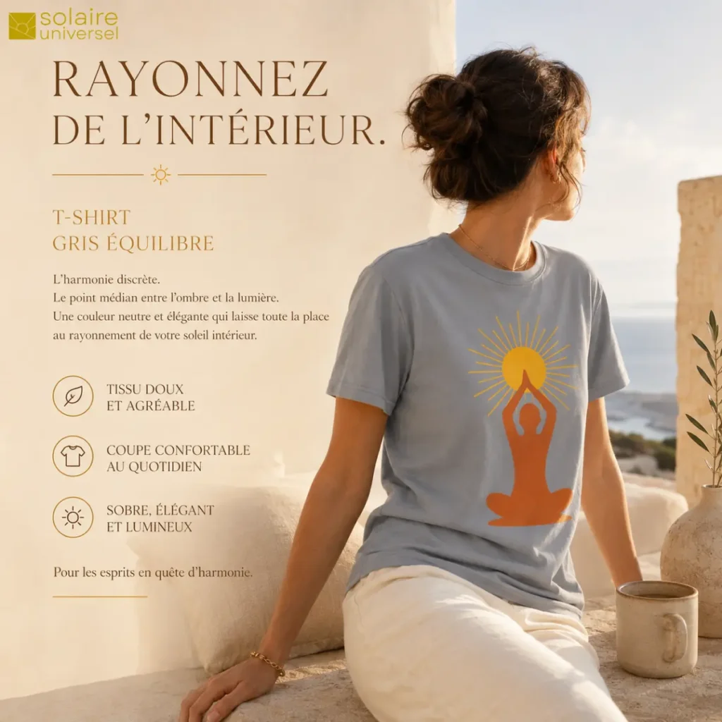 T-shirt gris "Soleil Intérieur" porté face à la mer - Élégance neutre et harmonie - Solaire Universel