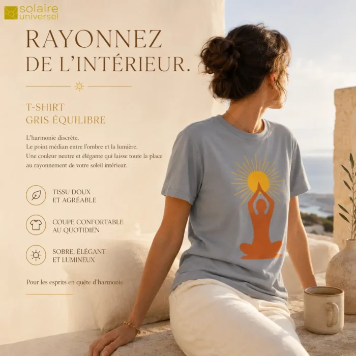 T-shirt gris "Soleil Intérieur" porté face à la mer - Élégance neutre et harmonie - Solaire Universel