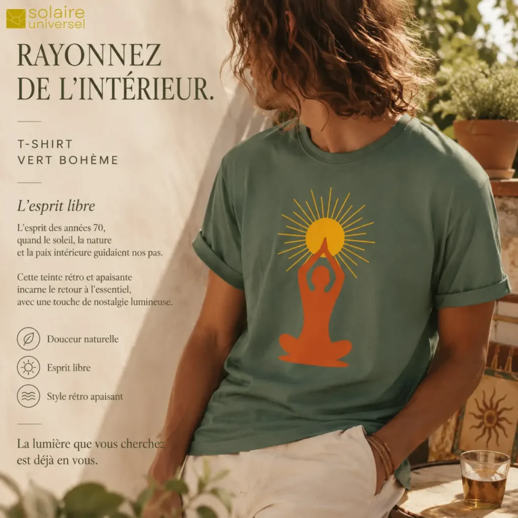 T-shirt vert bohème "Soleil Intérieur" porté en extérieur - Esprit libre et rétro années 70 - Solaire Universel