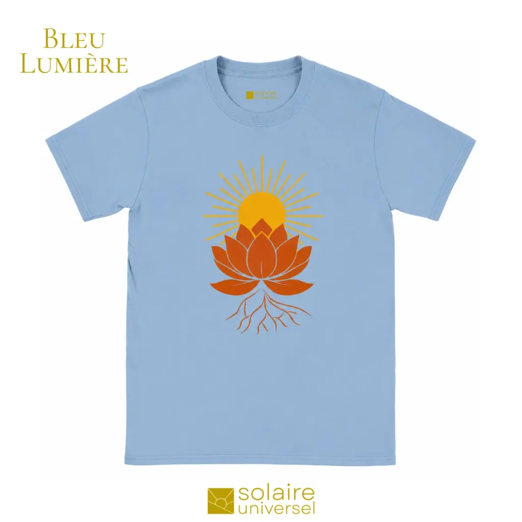 T-shirt bleu ciel avec lotus solaire et racines - Vêtement méditation et bien-être Solaire Universel